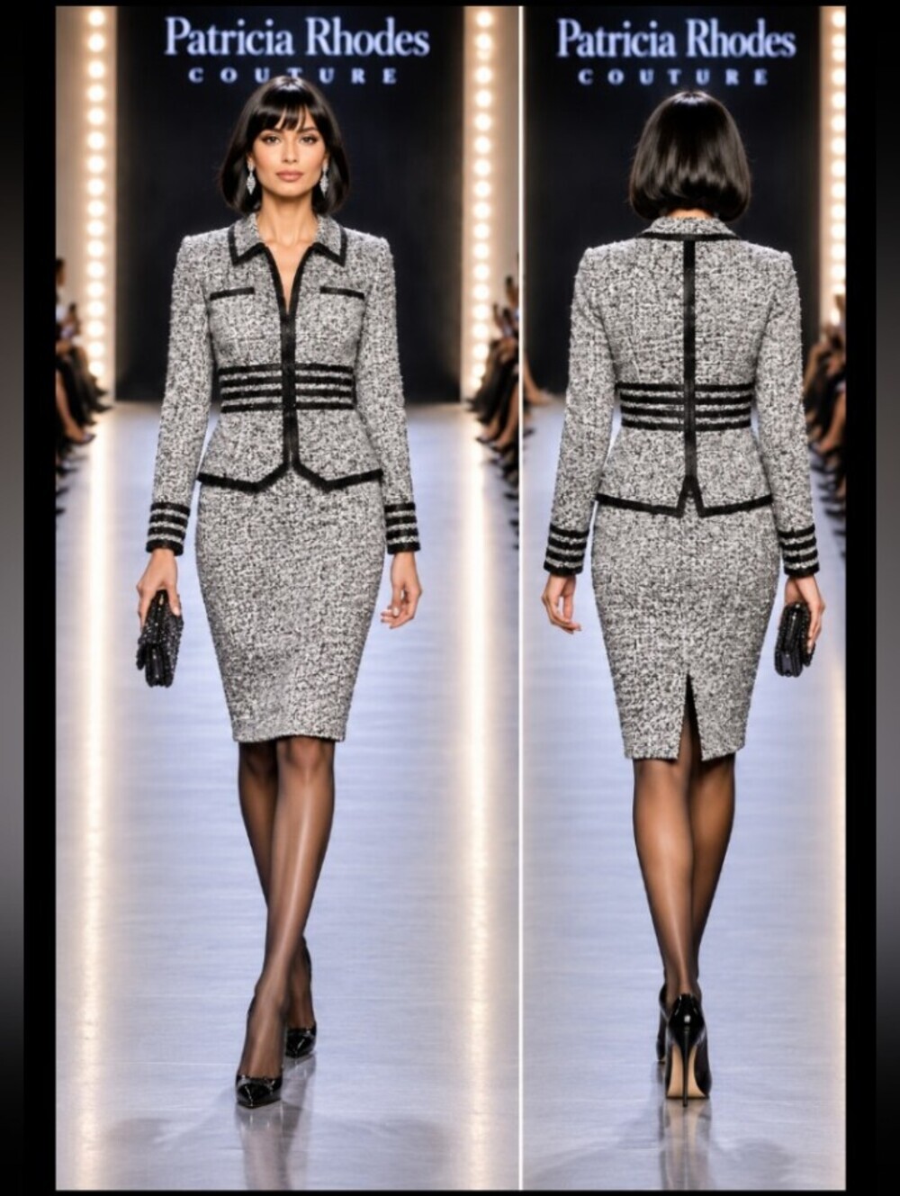 Patricia Rhodes Couture Black White Boucle Tweed Crystal Peplum skirt Suit 12
